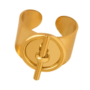 Anillo abierto ancho dorado estilo hip hop francés con cierre de barra para mujer