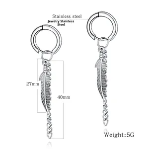 Detail of stainless steel feather earrings showing 40mm length and 5g weight specs