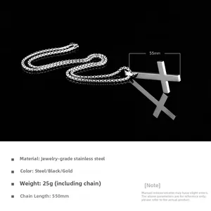 Macro shot of silver stainless steel cross pendant with chain on black background