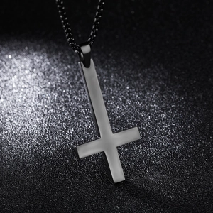 Classic black stainless steel inverted cross pendant necklace with a matching bead chain
