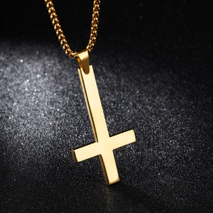 Classic golden stainless steel St. Peter's inverted cross necklace with bead chain for men