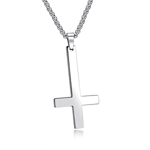 Polished silver stainless steel inverted cross pendant necklace for men with mirror finish