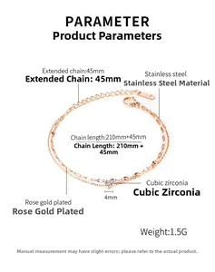 Détails de la chaîne de cheville double en acier rose gold avec zircone de 4mm