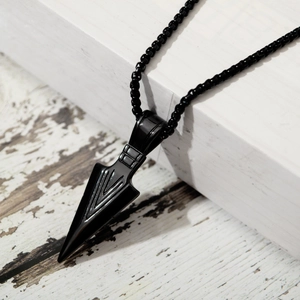 Men's black stainless steel arrowhead pendant necklace with sleek geometric V-cut design