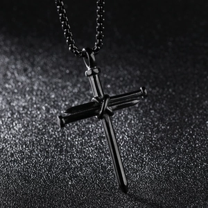 Retro punk black stainless steel nail cross pendant necklace with box chain for men