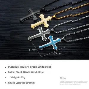 Detailed close-up of multi-layer cross pendants in black gold and blue stainless steel