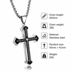 Three-layer retro stainless steel cross pendant necklace with Lord's Prayer engraving