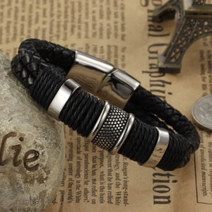 Pulsera para Hombre de Doble Capa de Cuero Trenzado Negro Cierre Magnético de Acero Inoxidable Anillos de Plata Joyería Hip Hop