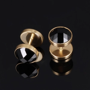 Polished gold stainless steel stud earrings with faceted black zircon and secure screw-back