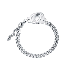 Silver stainless steel handcuff bracelet with Cuban link chain and adjustable lobster clasp