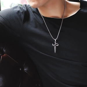Men's silver snake sword pendant necklace with wings on a steel bead chain