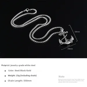 Detailed specs for steel anchor cross pendant with 34x24mm size and 550mm box chain