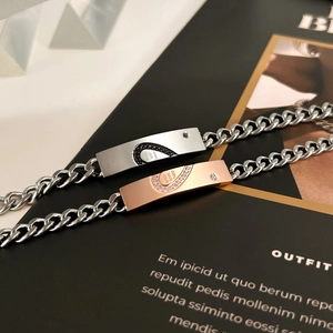 Bracciale per Coppia in Acciaio Inossidabile Cuore Catena Cubana Zirconia Intarsiata Incisa Desiderio Amore Felicità Gioielli Regalo per Uomo Donna