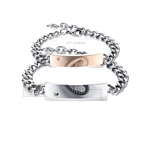 Bracciali a catena cubana hip hop per coppie con dettagli a cuore in argento e oro rosa