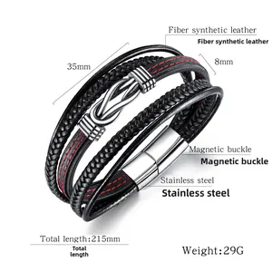 Men's multi-layer braided leather bracelet with red stitching and steel magnetic clasp