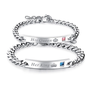 Titanium steel couple bracelets with His Queen Her King engraving and crown detail