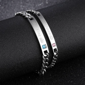Titanium steel couple bracelets featuring Her King and His Queen engravings with zircon stones