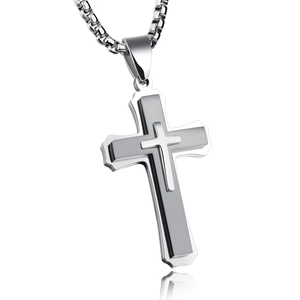 Double-layered silver stainless steel cross pendant necklace with a polished box chain