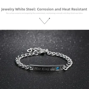 Close-up of polished stainless steel Her King bracelet with blue cubic zirconia and crown
