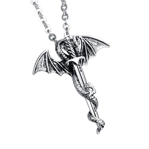 Gothic Drache um ein silbernes Schwert Anhänger an einer Titanstahl Kette Halskette