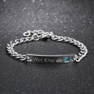 Minimalist stainless steel couple bracelet featuring Her King engraving and blue zircon
