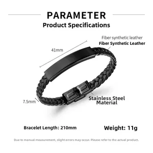 Vista dettagliata delle dimensioni del bracciale in pelle intrecciata nera con chiusura in acciaio