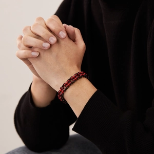 Punk style red and black stainless steel bicycle chain bracelet for men in double row design