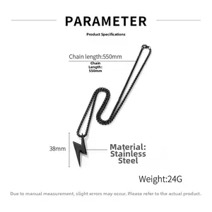 Dimensions du produit montrant la chaîne de 550mm et le pendentif éclair de 38mm