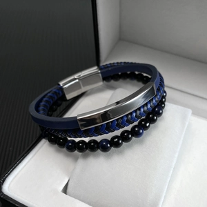 Bracelet multicouche pour hommes en cuir et perles d'œil de tigre bleu avec boucle