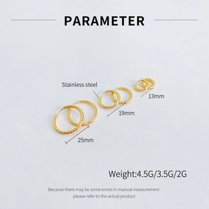 Three-piece set of gold-plated stainless steel hoop earrings with textured cross-pattern
