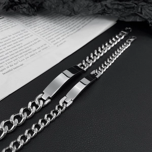 Polished silver Cuban link ID bracelets for couples made of durable stainless steel