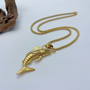 Hip hop gold marlin fish pendant necklace with pearl box chain for street fashion