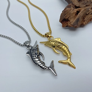 Hip hop style stainless steel swordfish pendant necklace in gold and silver finish