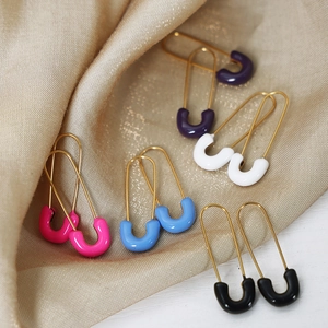 U-shaped safety pin earrings in gold stainless steel with colorful Morandi enamel finishes