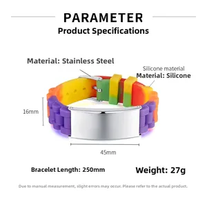 Spécifications de taille du bracelet arc-en-ciel en silicone et plaque d'acier