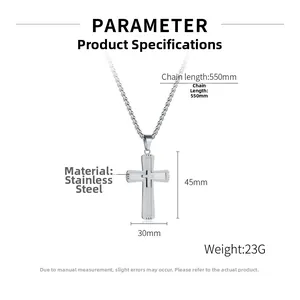 Detailed view of silver stainless steel cross pendant with chain dimensions and weight