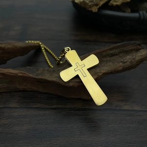 Classic gold brushed stainless steel double layer cross pendant necklace for men