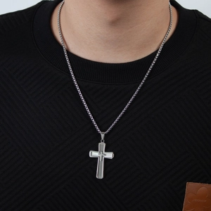 Classic silver titanium steel double-layered cross pendant necklace on male model