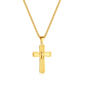 Classic double-layered gold cross pendant necklace in titanium steel with O-chain