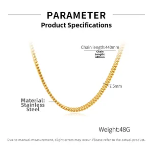 Detailed size specifications for 7.5mm gold stainless steel wheat chain necklace
