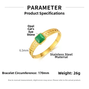 Detailed product dimensions for the gold chain-link steel bracelet with green opal