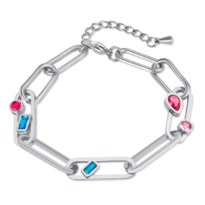 Bracelet chaîne trombone en acier argenté orné de pierres en zircone colorées