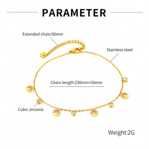 Detail of tree of life anklet with cubic zirconia charms and adjustable chain links