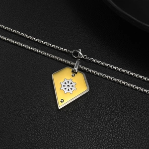 Industrial shield necklace for men with yellow enamel and metallic gear pendant