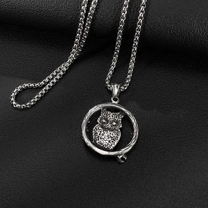 Close-up van vintage zilveren uil hanger met S925-keurmerk aan een stevige boxketting
