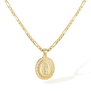 Gouden Maagd Maria hanger ketting met opengewerkte hartrand op een Figaro-ketting
