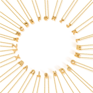 Golden stainless steel A-Z initial necklaces with pave zircon crystals on O-chain
