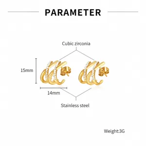 Detailed specs of triple-layer gold titanium steel earrings with cubic zirconia, 15mm size
