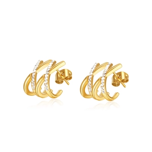 Elegant gold-plated multi-layer C-shape stud earrings with micro-pave cubic zirconia
