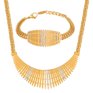 Ensemble bijoux dorés chaîne cubaine double avec pendentifs éventails diamantés
